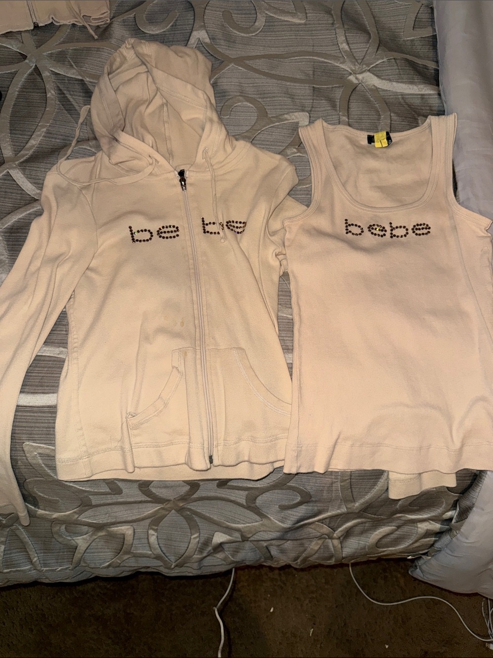 bebe Cream Rhinestone Logo Hoodie & Tank Set